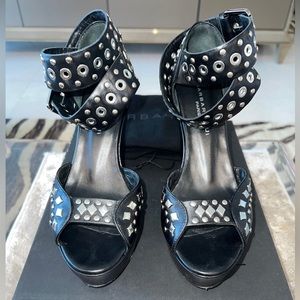Barbara Bui Black Embellished Studded Leather Wedge Strappy Sandal Size 37  7 US